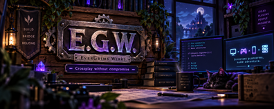 EverGrims Werks workshop lit by purple crystals and warm lanterns