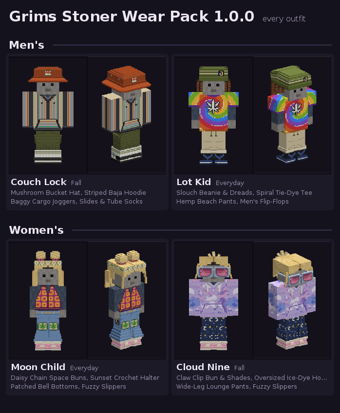 Stoner Wear preview: Couch Lock, Lot Kid, Moon Child and Cloud Nine outfits